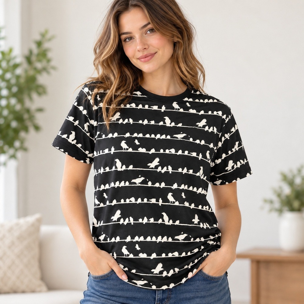 French Connection Birds on a Wire Graphic Tee Black White XL Cotton Short Sleeve
